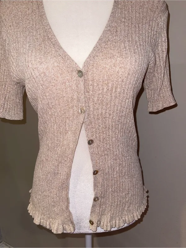 Ribbed Short-Sleeve V-Neck Sweater Cardigan - Cream - Image 3