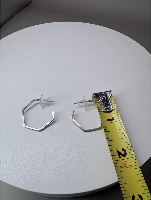 Silver Tone Geometric Hexagon Hoop Earrings Open Hoop Studs with Free Backs - Image 2