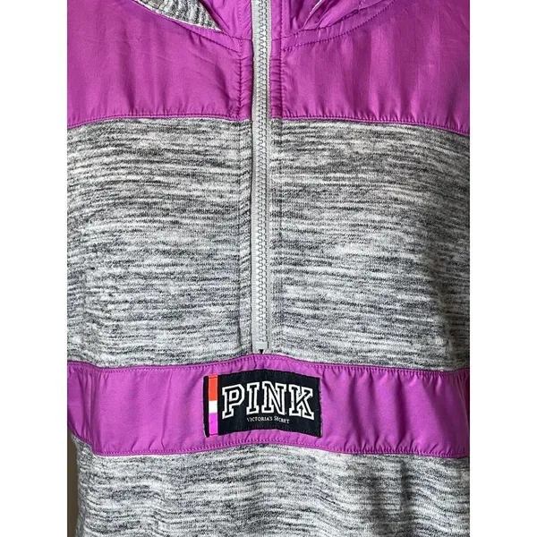 PINK Victoria's Secret Sweatshirt Women XS Purple Gray‎ Hooded Half Zip Retro - Image 5