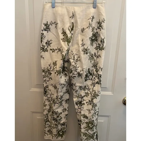 Saks Fifth Avenue Sport Linen Floral‎ Toile Pants Green Cream Size 2 Luxury - Image 7