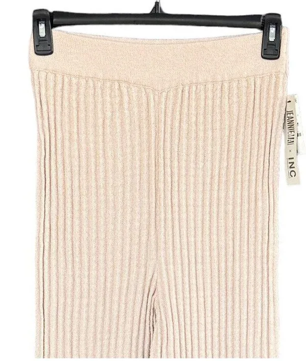 INC Jeannie Mai Medium Flared Sweater Pants Ribbed Stretch Oatmeal Beige New - Image 2