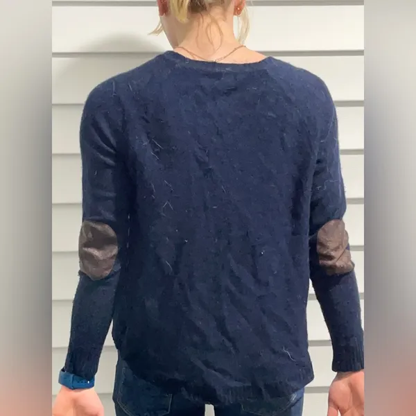 Navy sweater with brown leather elbow pads - Image 2