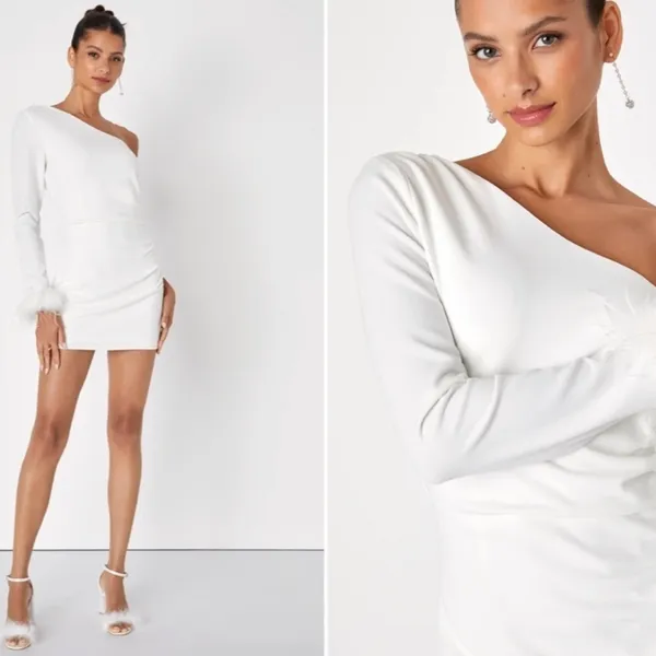LULU's Bachelorette Engagement Bridal Sexy One Shoulder Long Sleeve Mini Dress - Image 4