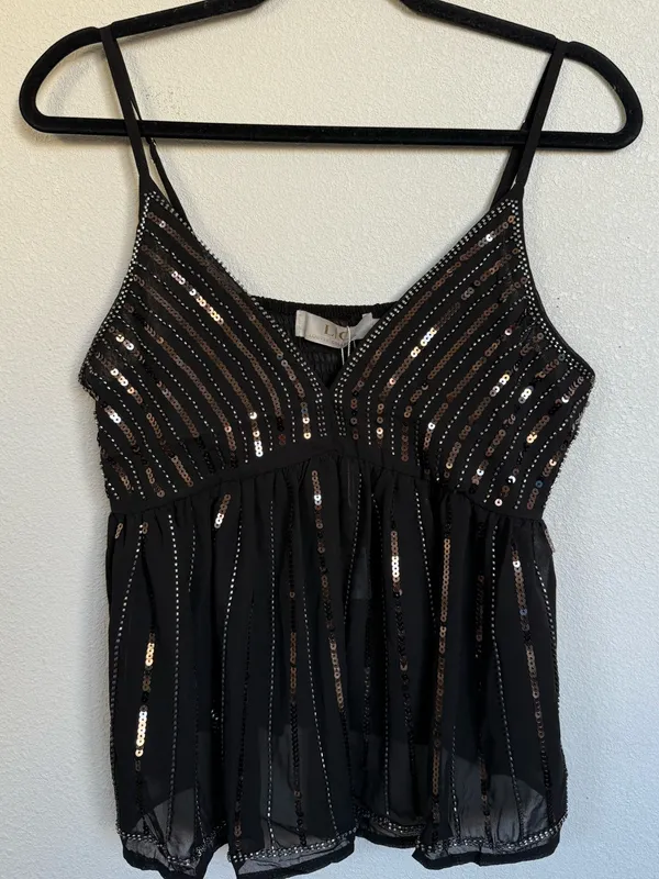 NWT LIC Lizette Collection Black Sequin Beaded Peplum Cami Tank Top S Party Glam - Image 2