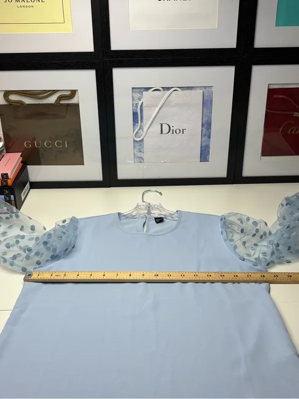 Women’s Light Blue Sheer Polka-Dot Sleeve Blouse Size S NWOT Chic Office Wedding - Image 10