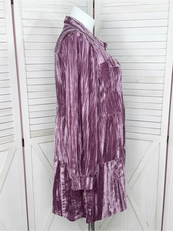 Cato Crushed Velvet Tiered‎ Babydoll Shirt Dress Mauve Purple XL Boho Cottage - Image 4