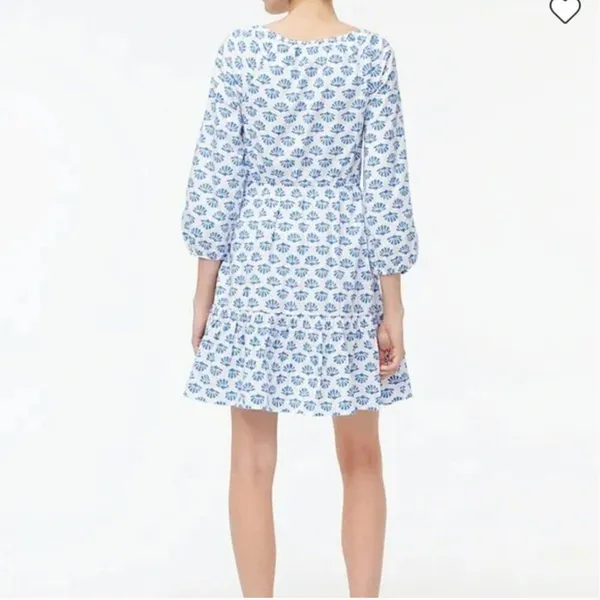 J Crew 0 Scoopneck Tiered Cotton Poplin Mini Dress Blue Pattern Block Print - Image 3