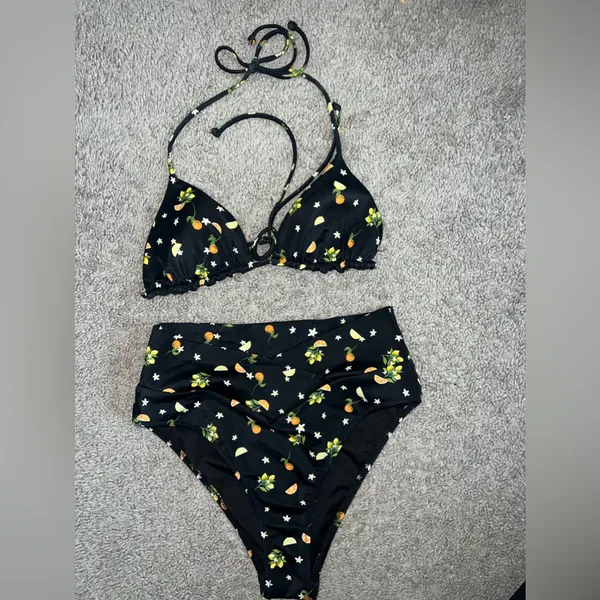 PINK bikini swimsuit size small orange lemon print high waist string top - Image 8