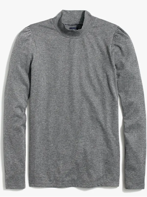 J. Crew NWT Heather Gray Silver Metallic Lurex Mock Neck Puff Long Sleeve Top - Image 2