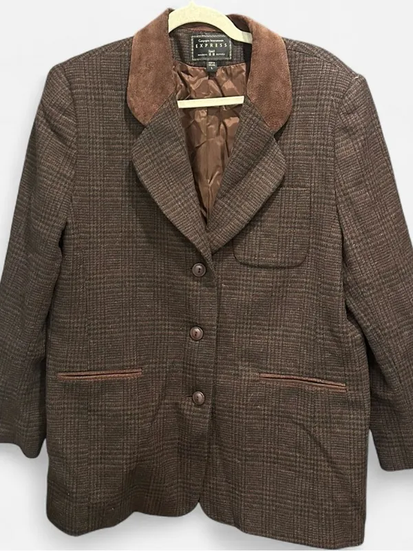 Vintage Express Wool Plaid Blazer Leather Collar Equestrian 90s L - Image 2