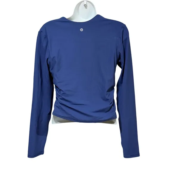 Lululemon Gathered Ribbed Long Sleeve V-Neck Ruched Top Blue Size 10 LW3FQYS - Image 4