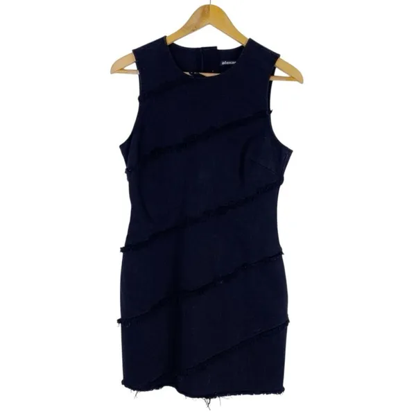 Alexander Wang Black Denim Mini Dress Diagonal Frayed Raw Hem Size 6 - Image 6