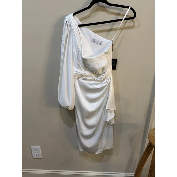 Mac Duggal SATIN ONE SLEEVED COCKTAIL DRESS New Size 4 Bridal - Image 4