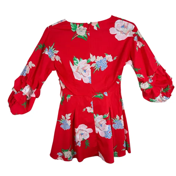 Miss Selfridge Red Floral 3/4 Ruffled Sleeve Fit‎ & Flare Mini Dress Size 2 - Image 2