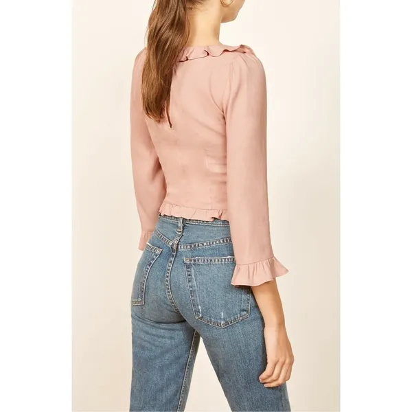 Reformation Pink Ruffle Square Neck‎ Blouse Long Sleeve Side Zip Top 12 / L - Image 3