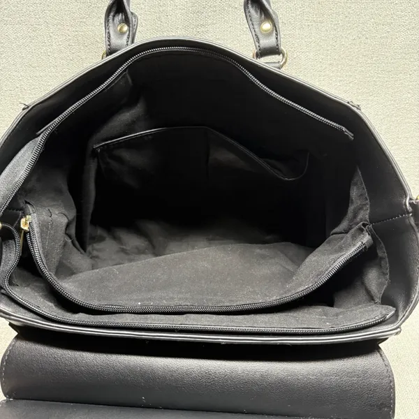 Black Faux Leather Satchel Handbag‎ Large Tote Purse Gold Hardware Edgy Workwear - Image 3