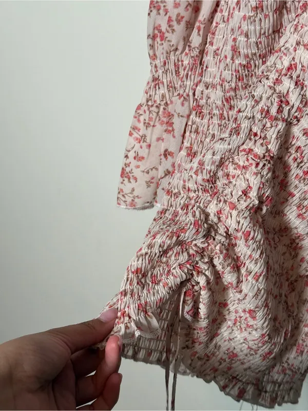 Beginning Boutique Pink Floral Ruched Mini Dress with Puff Sleeves - Image 8