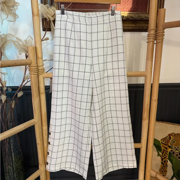 Skies Are Blue Windowpane Plaid Wide Leg Crop Pull On Pants Button Hem Sz S 💛🍄 - Image 3