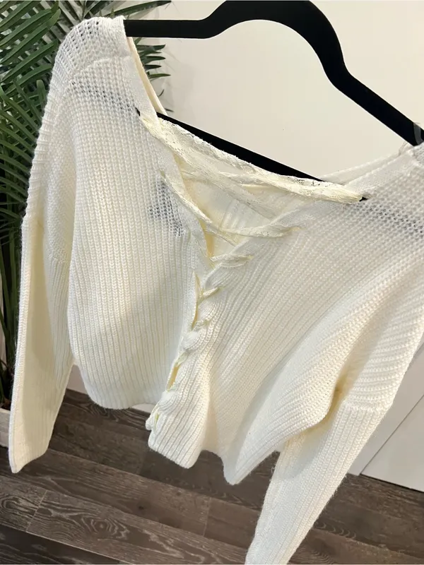 Women's Cream V-Neck Knit Sweater - Image 2