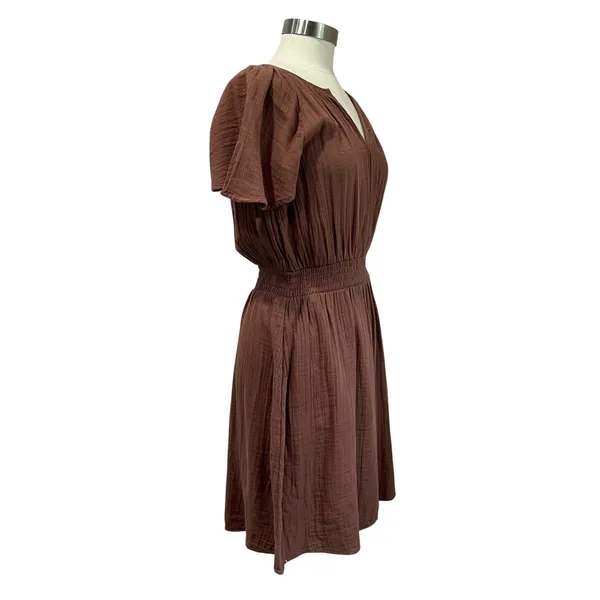 Loft Brown Gauze Cotton Dress Smocked Waist V‎ Neck Casual NWT Size S - Image 2