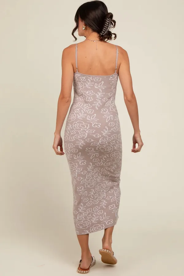 PinkBlush Beige Floral Knit Fitted Maternity Midi Dress - Image 3