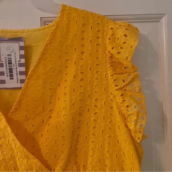 Women’s Yellow Eyelet V-Neck Mini Dress - Image 5