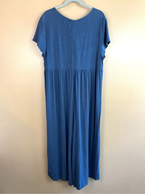Natural Life Avery Blue Wide Leg Jumpsuit L/XL Rayon Linen Boho Cottage Empire - Image 5