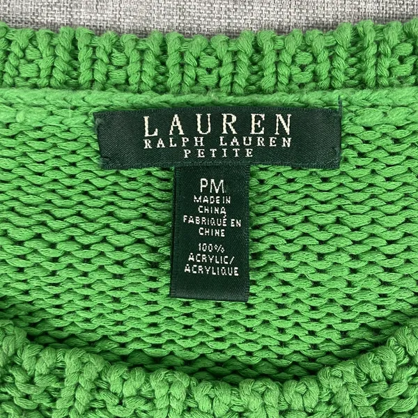Lauren Ralph Lauren Sweater Womens PM Green Crew Neck Chunky‎ Knit Shirttail Hem - Image 3