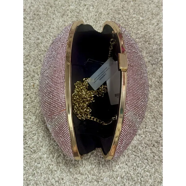 Pink Rhinestone Crystal Football Evening Clutch Gold Chain Shoulder Bag NWT - Image 10