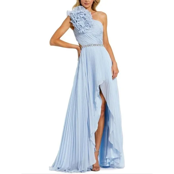 Mac Duggal Blue Size 4 Pleated Ruffle One Shoulder Maxi Gown Dress - Image 3