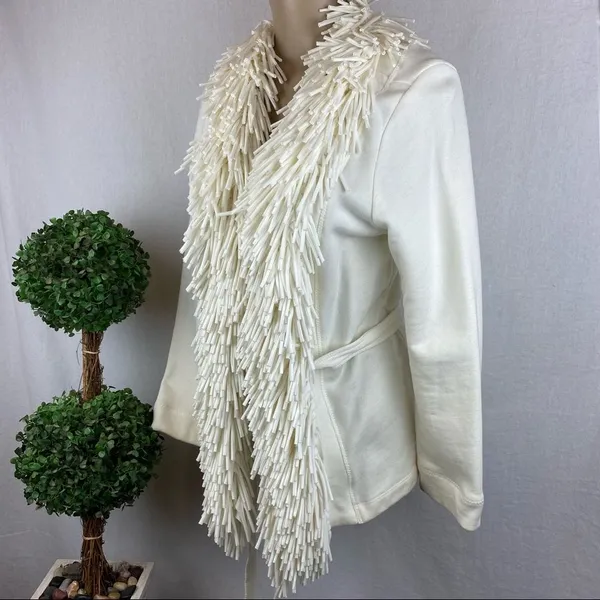 Ruby Rd. Ivory Fringe Trim Cotton Cardigan Tie Ponte Knit Sweater M - Image 4