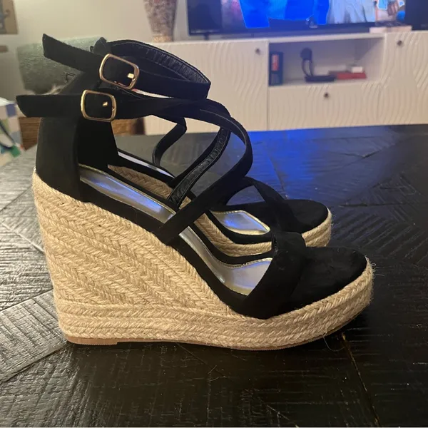 Black Espadrille Platform Wedge Sandals - Size 37 EUC - Image 4