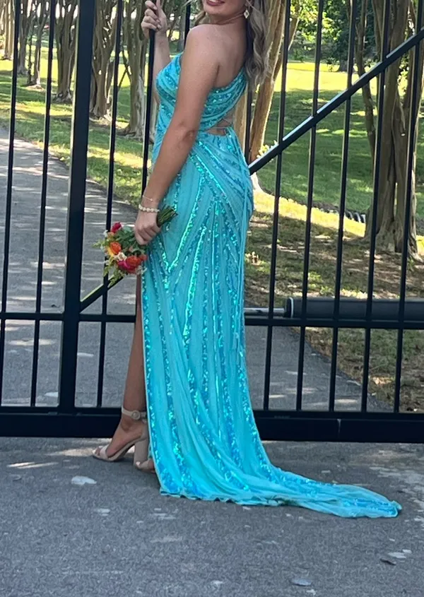Ashley Lauren Turquoise, one-shouldered, beaded prom or pageant dress - Image 2