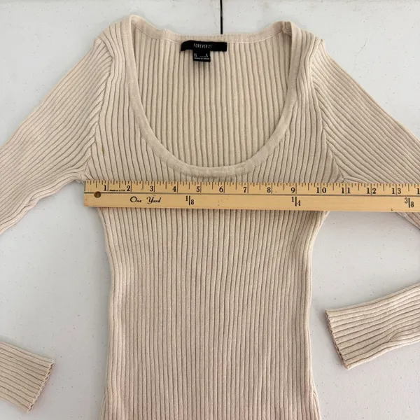 Maxi Bodycon Dress Womens Small Ribbed Knit Long Sleeve Scoop Neck Beige Tan - Image 6