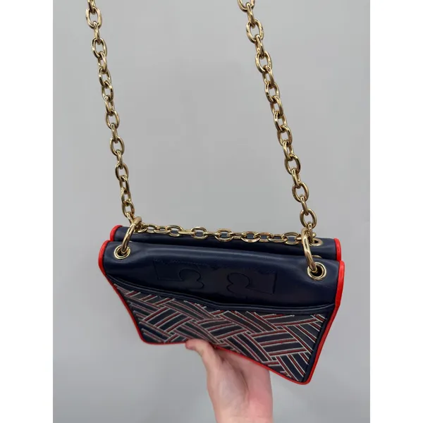 Tory Burch Alexa Convertible Shoulder Bag Navy Red Embroidered‎ Leather Chain - Image 7