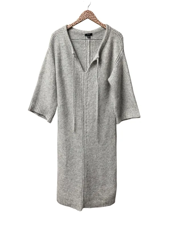 J. Crew Relaxed Tie Neck Long Sleeve Knit Sweater Midi Dress Wool Blend Gray S/M - Image 2