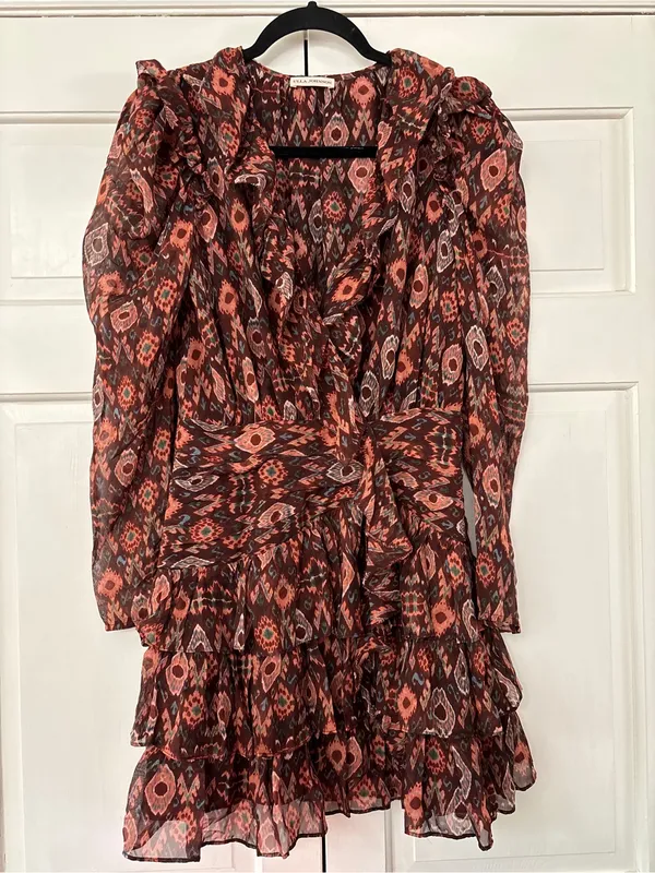 Ulla Johnson Esila Silk Abstract Ruffle Long Sleeve Mini Dress Size 6 Party Ikat - Image 4