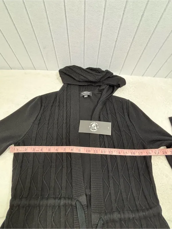S. Christina Cashmere Black Hooded Open Front Cardigan Sweater S/M - Image 8
