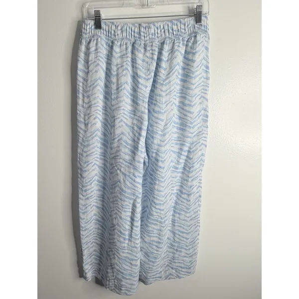 Tahari White Blue Linen Cropped Pant Pull On Wide Leg Flowy Breathable Medium - Image 3