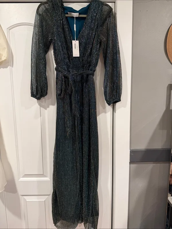 Petal‎ & Pup Shimmery Teal Wrap Jumpsuit with Tie Waist small - Image 2