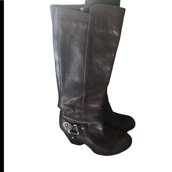 Kork-Ease Olson Brown Pebble Leather Tall Harness Knee Boots 7 3” Heel Boho Choc - Image 5