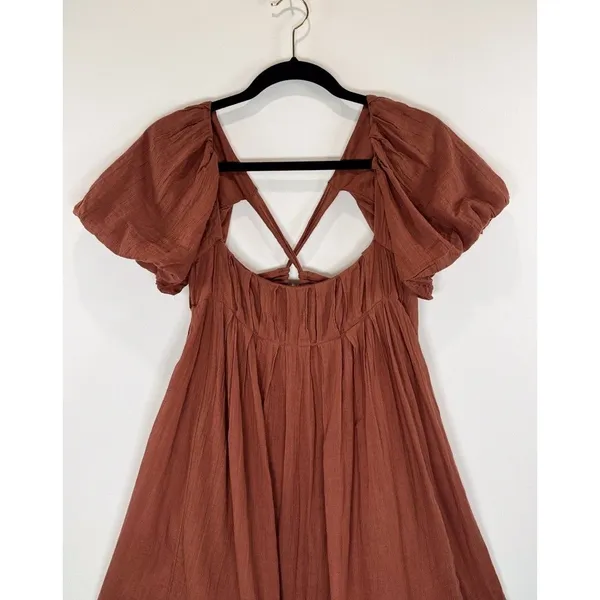 Free People Women Dress Brown Marina Mini Puffed Tie Back A Line Boho Chic Small - Image 6