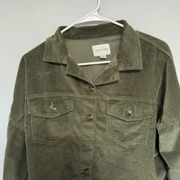 American Eagle Olive Corduroy Raw Hem Cropped Jacket - Image 5