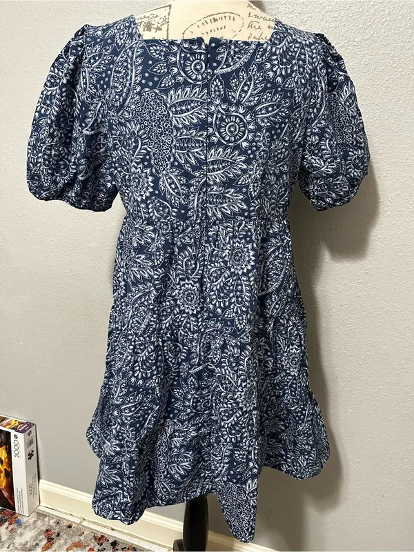 Madewell Blue Paisley Cotton Mini Dress Puff Sleeve Square Neck Size 8 boho - Image 2