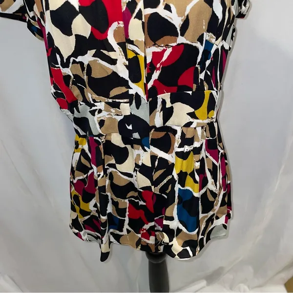 Y2K babydoll cap sleeve silk geometric blouse button front banded waist DVF - Image 5
