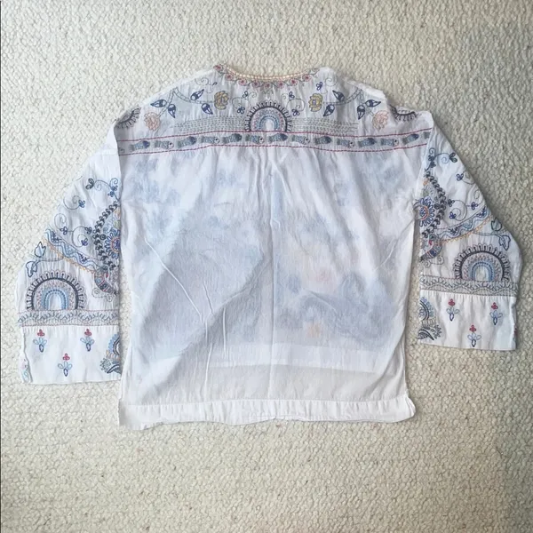 Zara Embroidered Floral‎ Fish Turtle Bird V-Neck Blouse Oyster White Small - Image 10
