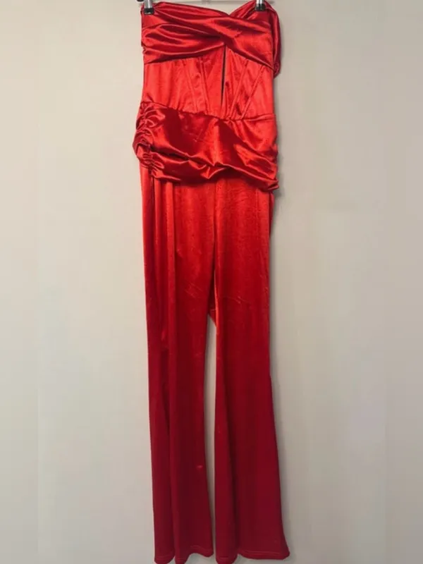 Strapless Red Satin Wide-Leg Jumpsuit - Image 5