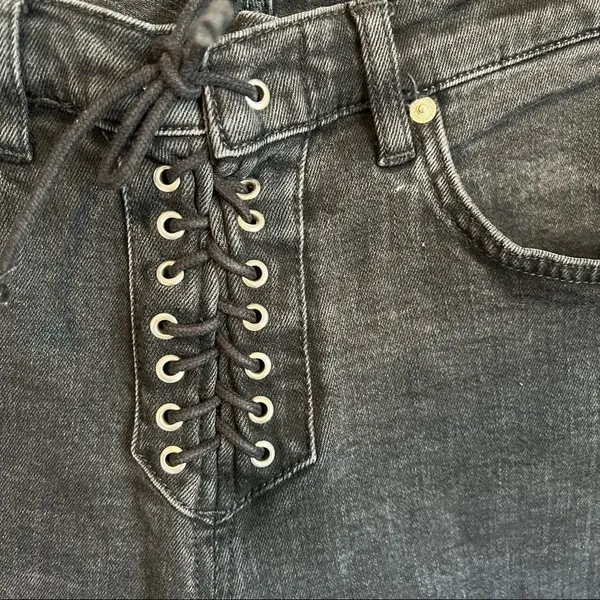 Zara Black High Rise Lace Up Fly Kick Out Crop Released Raw Hem Flare Jeans‎ - Image 6