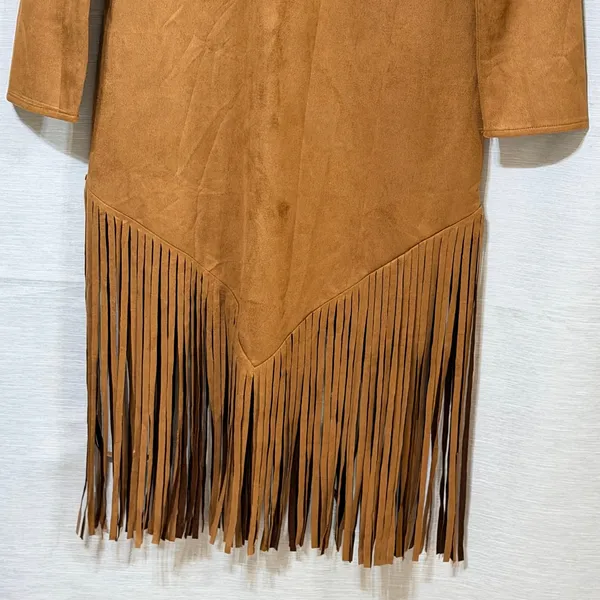 Womens Faux Suede Fringe Western Midi Dress Camel Brown Long Sleeve Size L - Image 5