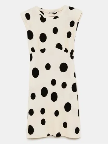 Zara Trafaluc beige sleeveless dress black polka dots and shoulder pads - Image 4